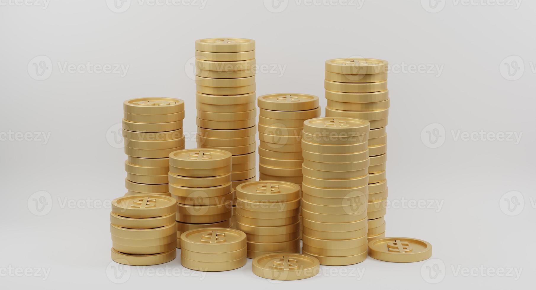 pilas de monedas de oro con signo de dólar sobre fondo blanco. concepto de banca y finanzas. representación 3d foto