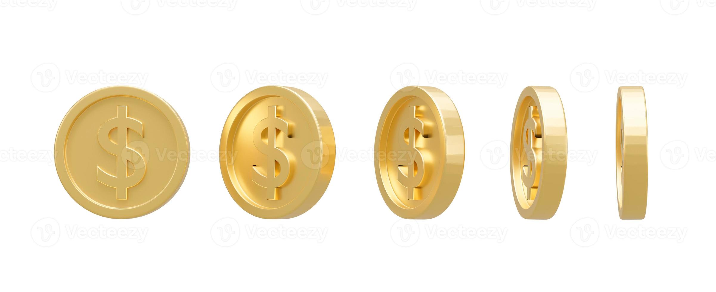 3D Render. Collection of dollar coins isolated on background in different positions. photo