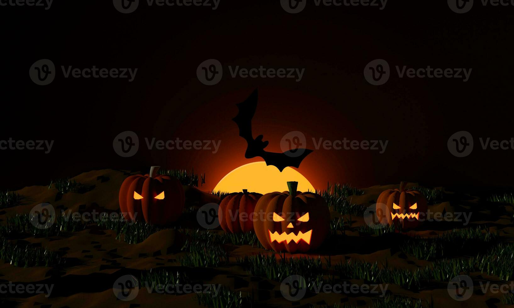 Halloween pumpkins and flying bats at moonlight in the spooky night. Jack O Lantern party. 3D rendering photo