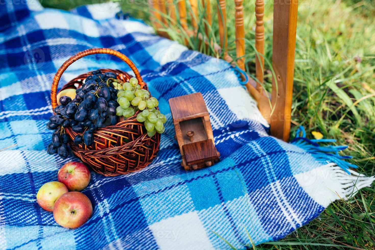 apples and blue blanket on the grass photo