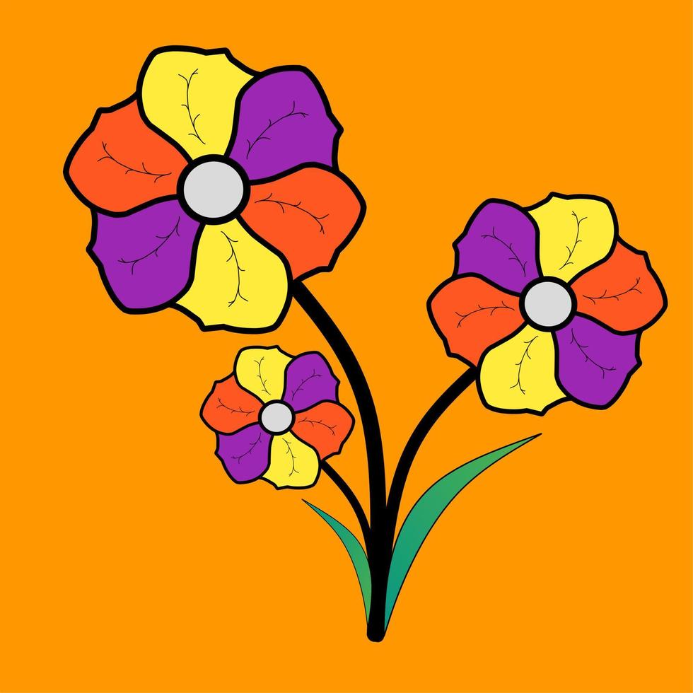 una ilustración de 3 flores completas con hojas sobre un fondo naranja vector
