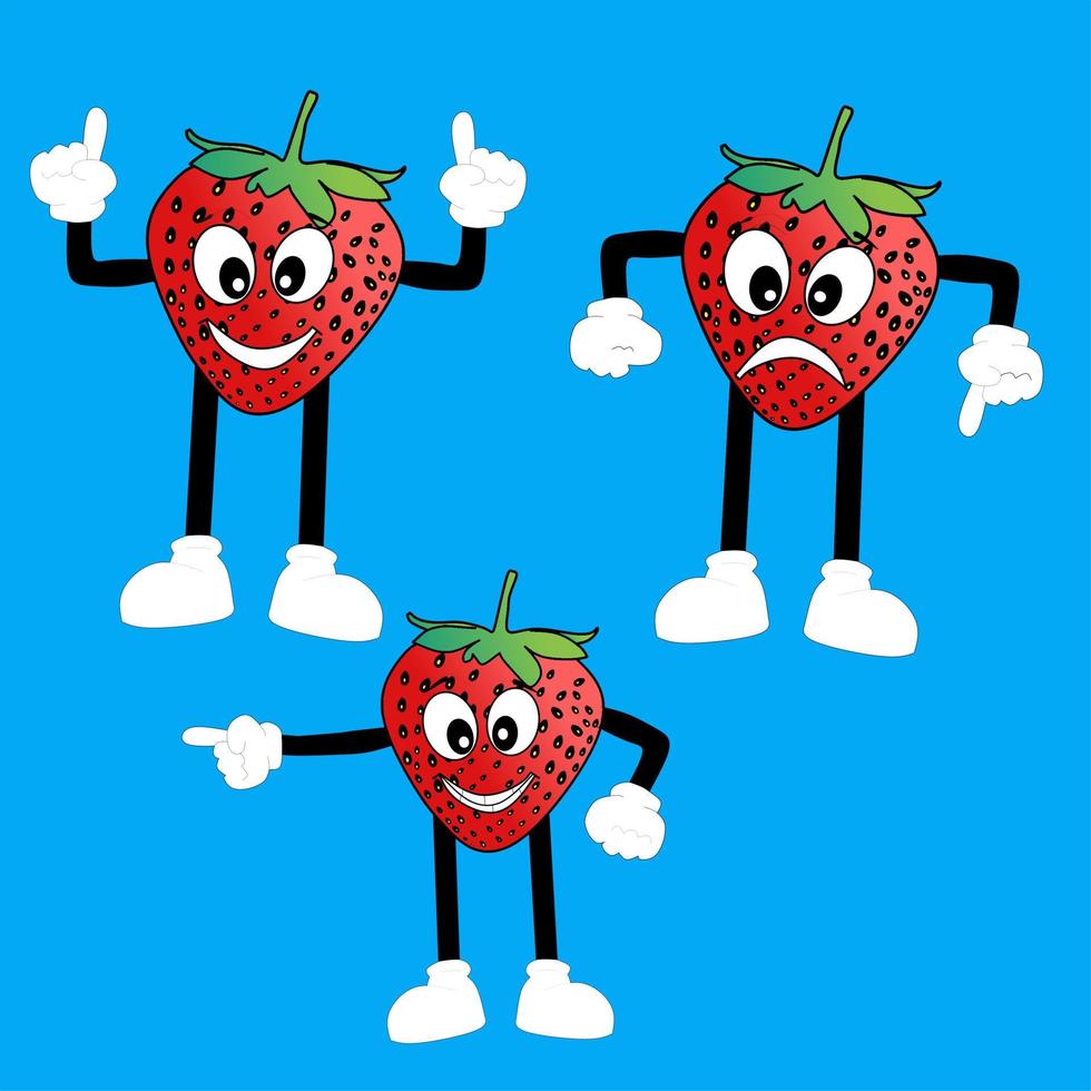 an illustration of a strawberry fruit in the shape of a variety of unique characters on a blue screen background vector