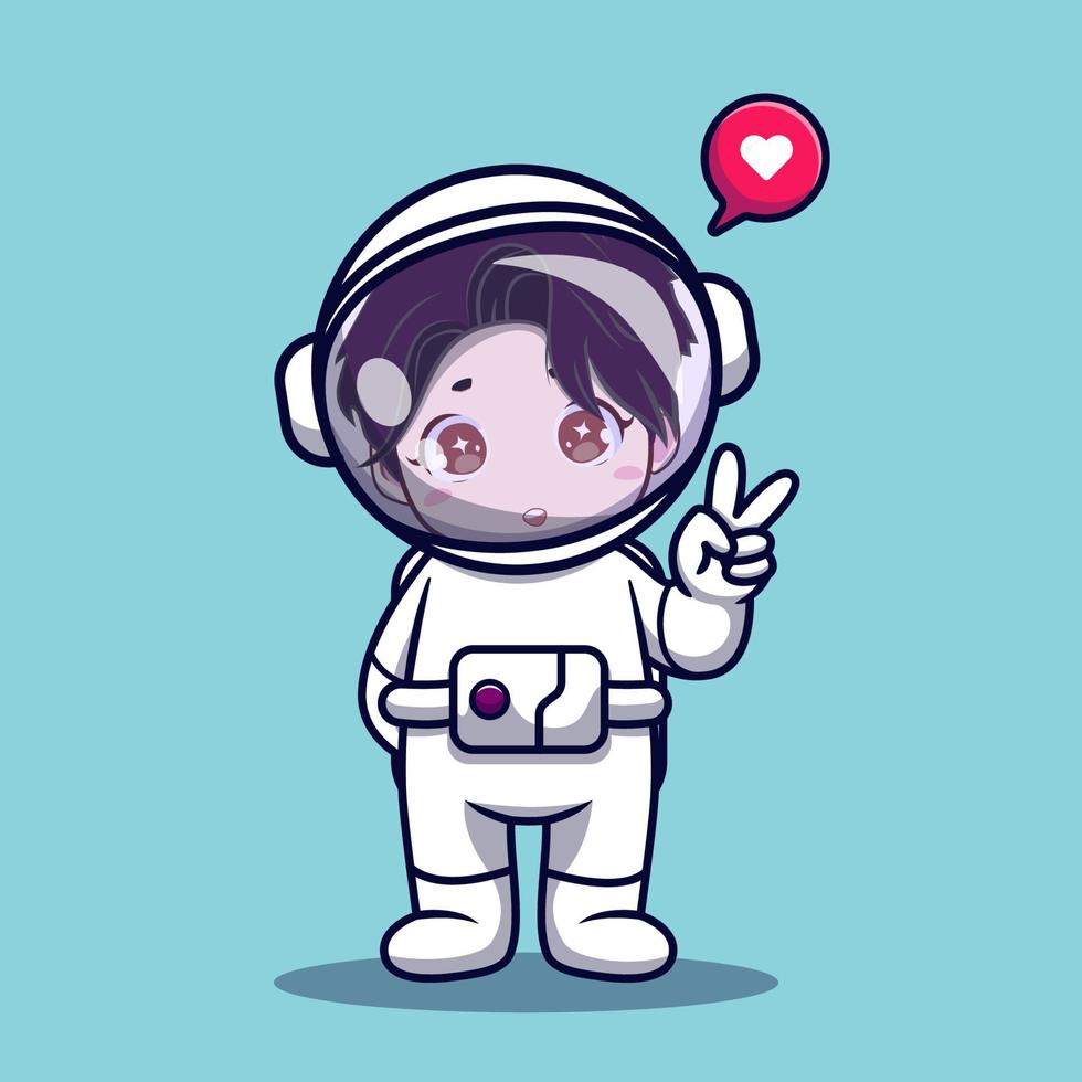 cute astronaut using helmet make a peace sign and love vector