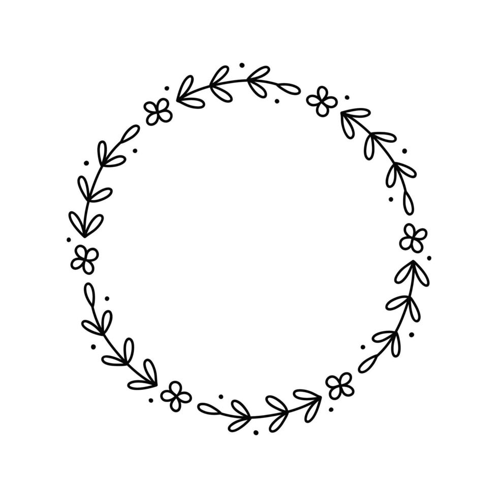 Spring floral wreath isolated on white background. Round frame with flowers. Vector hand-drawn illustration in doodle style. Perfect for cards, invitations, decorations, logo, various designs.