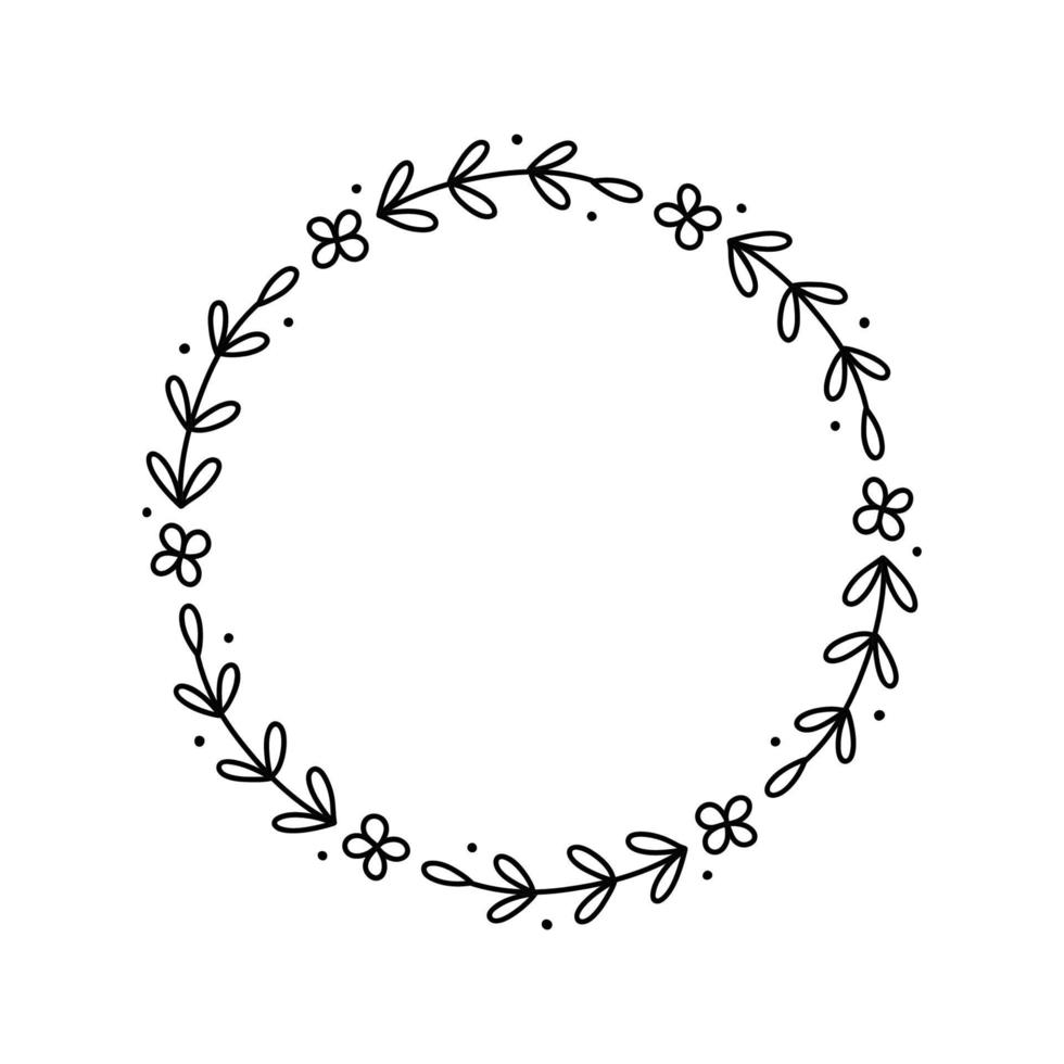 Spring floral wreath isolated on white background. Round frame with flowers. Vector hand-drawn illustration in doodle style. Perfect for cards, invitations, decorations, logo, various designs.