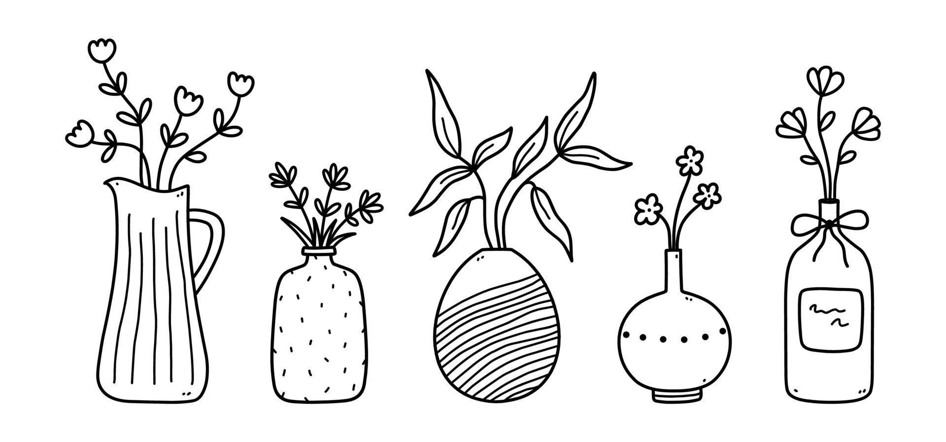 conjunto de bonitas flores y ramitas en jarrones de cerámica aislados en fondo blanco. ilustración vectorial dibujada a mano en estilo garabato. perfecto para tarjetas, decoraciones, logo. vector