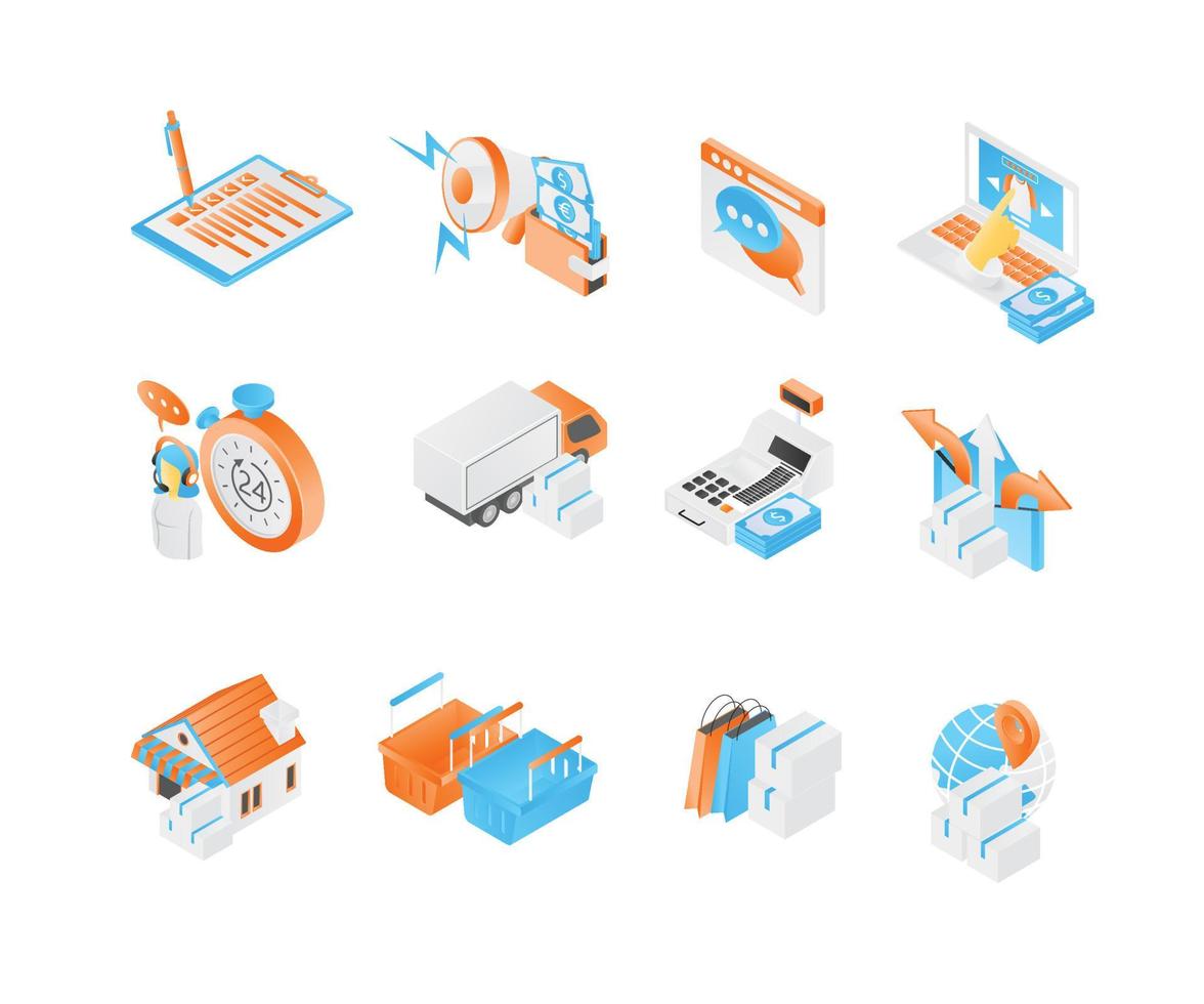 icon about business and marketing in isometric style vector
