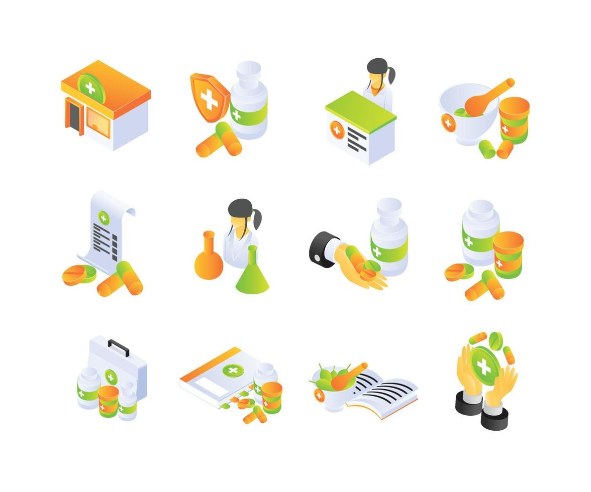 icon about pharmacy and health in isometric style vector