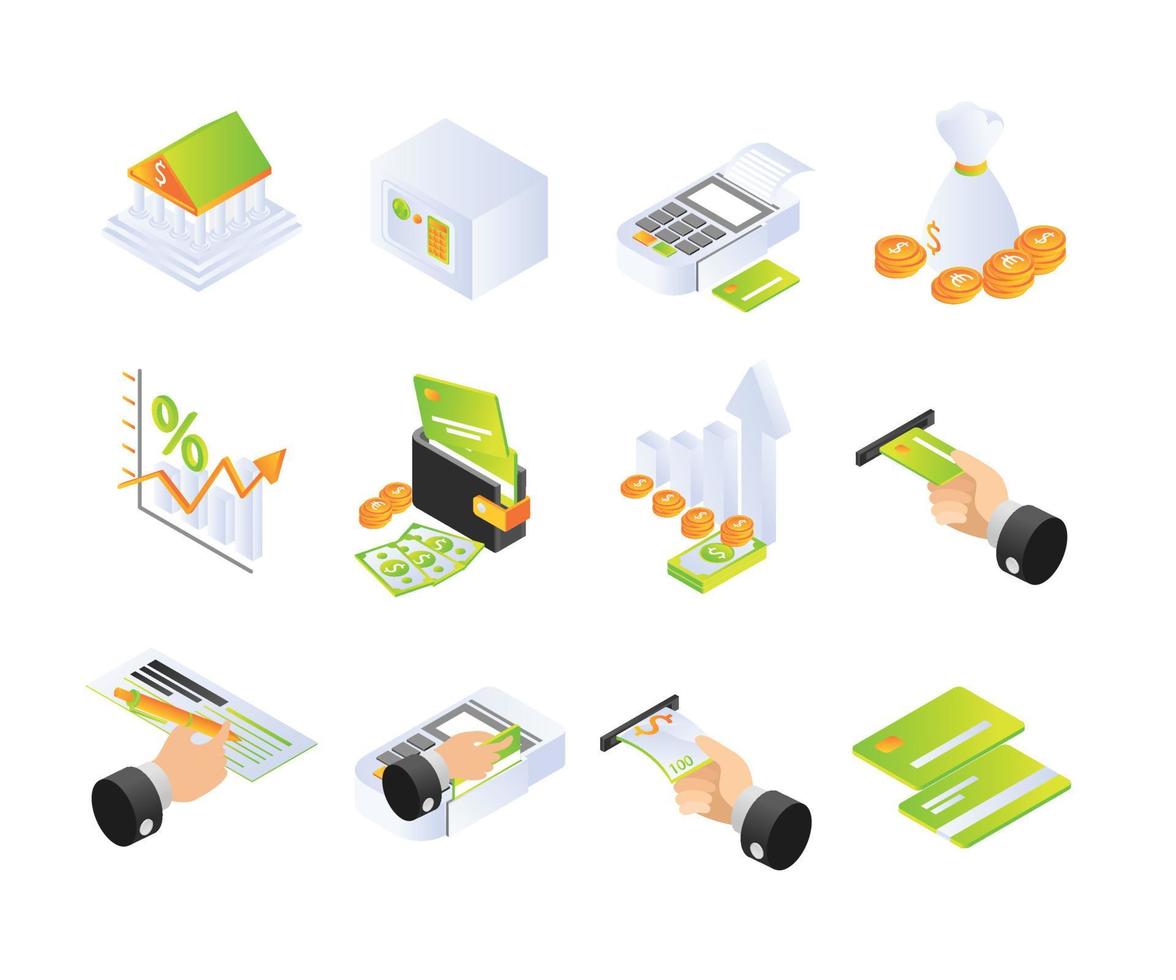 icon about ATM and banking in isometric style vector