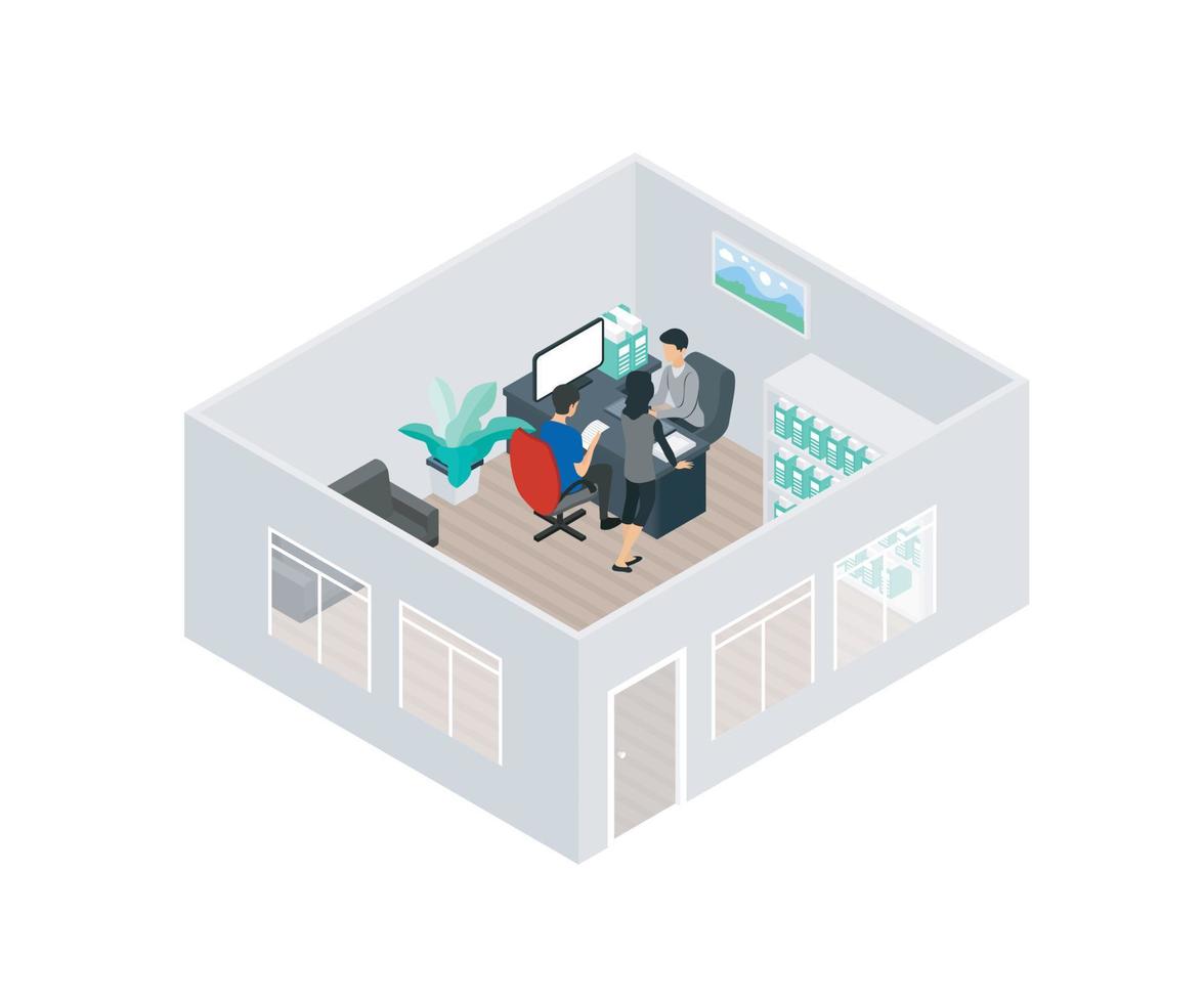An isometric vector illustration of employees working at the office