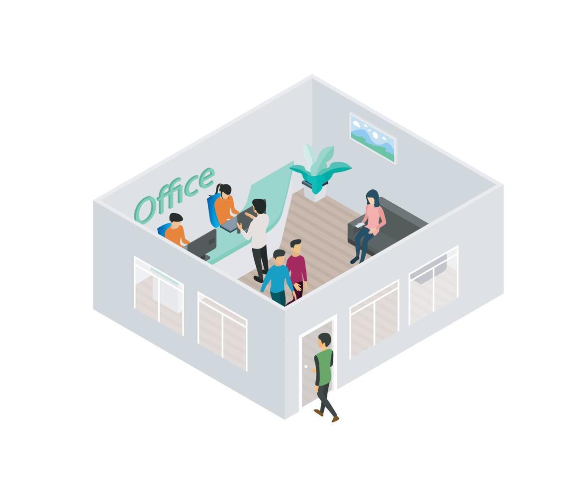 Illustration of registration and waiting room in isometric style vector