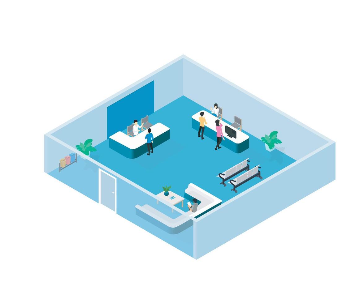 Illustration of waiting room and registration in isometric style vector