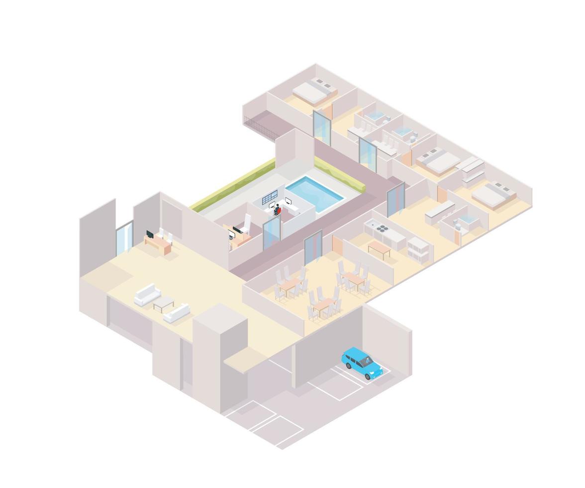 The layout of a big apartment with several rooms, parking place, and pool vector