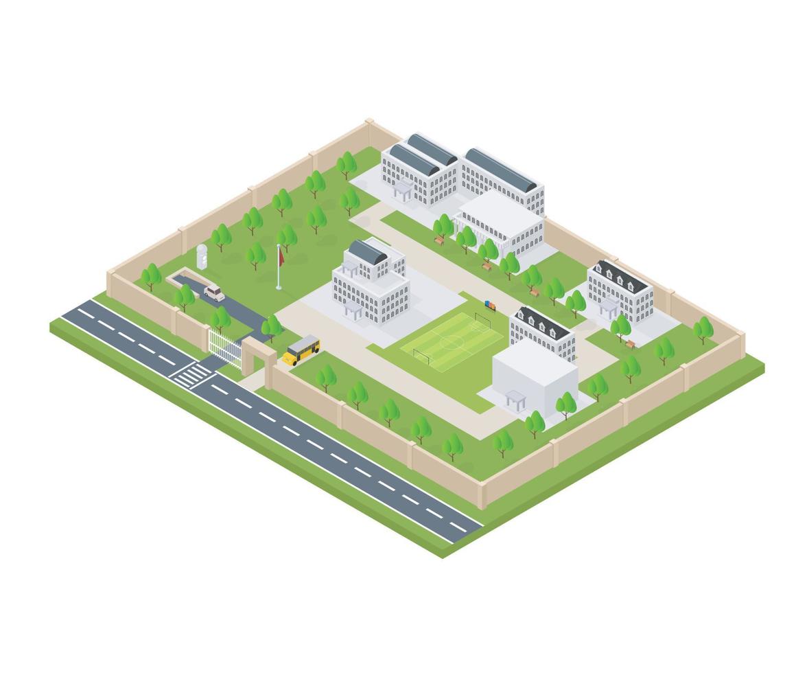 School building with soccer field, school car and beautiful garden vector