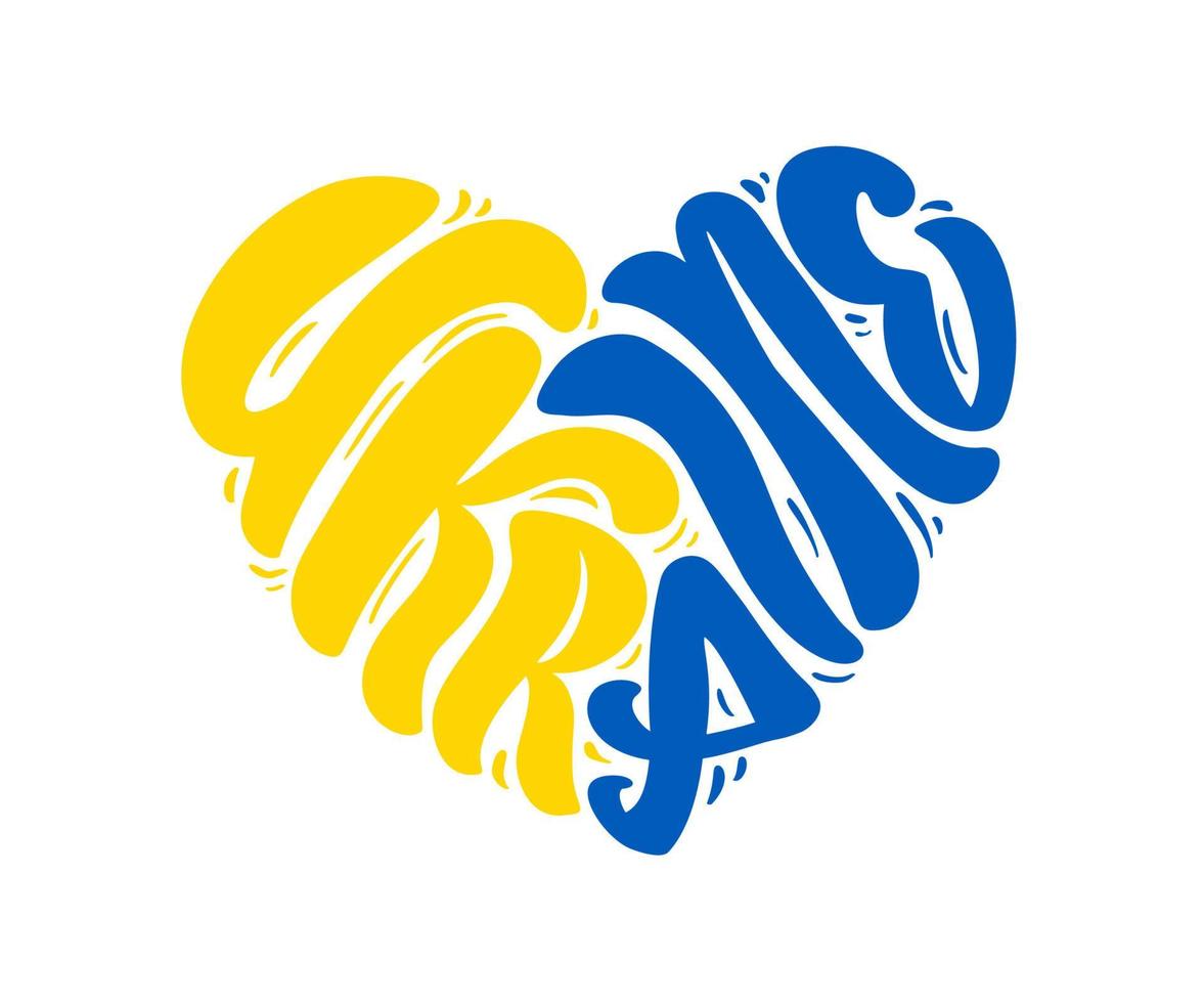 Vector text logo Ukraine in form of heart. Heart colored in national Ukrainian flag colors blue and yellow sliced for two parts. Ukraine text lettering. Pray for Ukraine