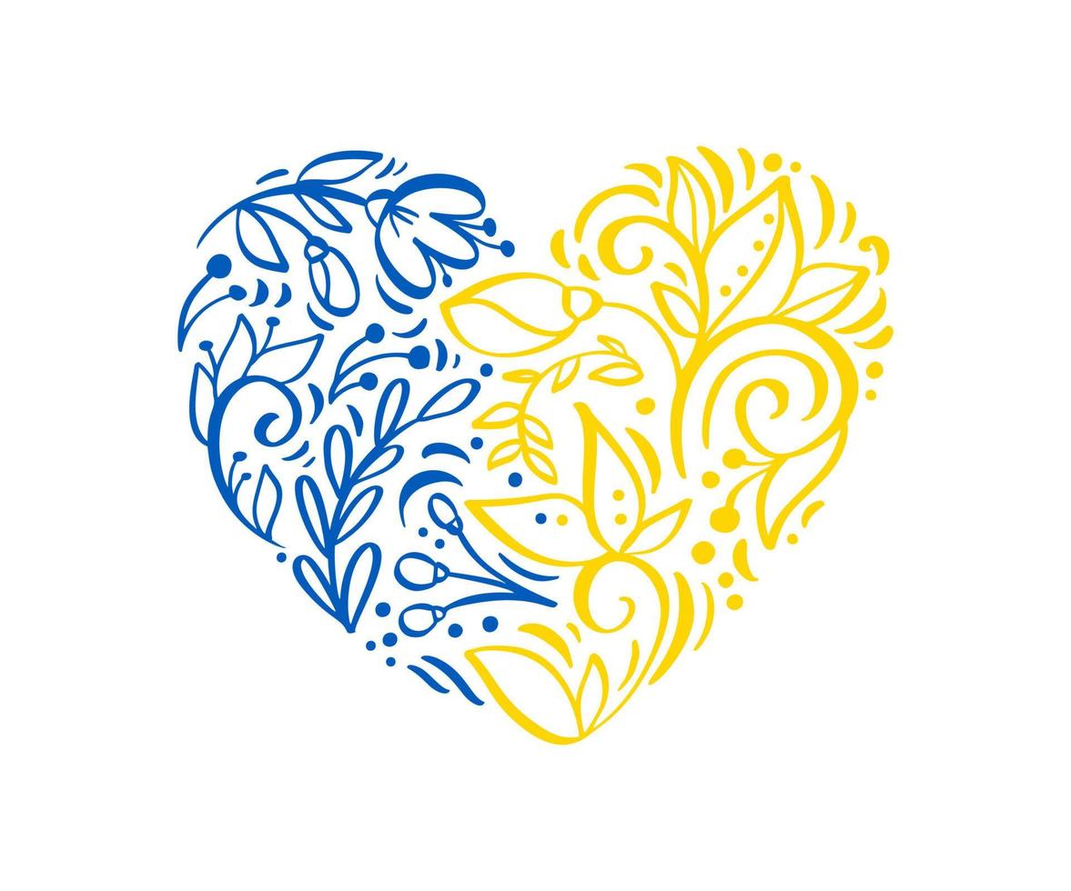 Vector floral heart logo. Cute flowers arranged shape of the heart in colors of Ukraine flag