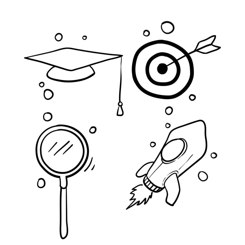 handdrawn infographic element.arrow dartboard,hat,rocket,magnifying glass symbol for research,process,goal with doodle cartoon style vector