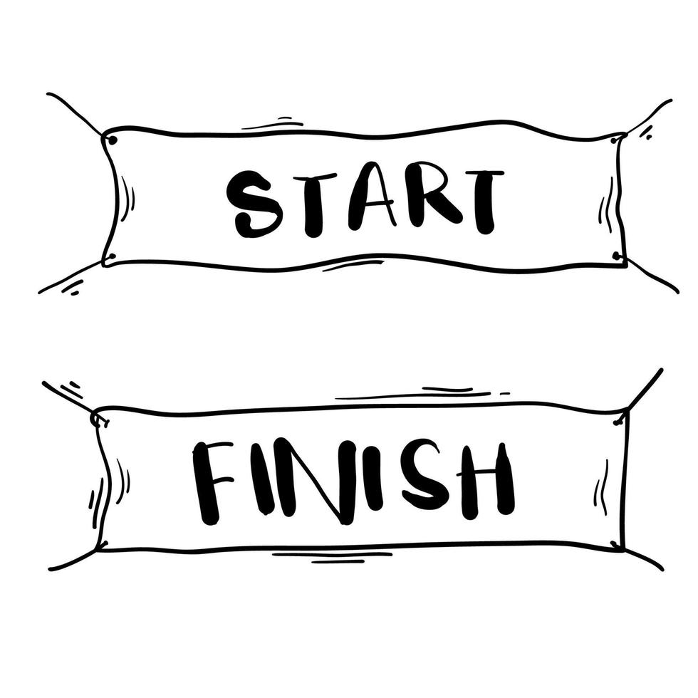 handdrawn start and finish line banners, streamers, flags for outdoor sport event - competition race, run with doodle cartoon style vector