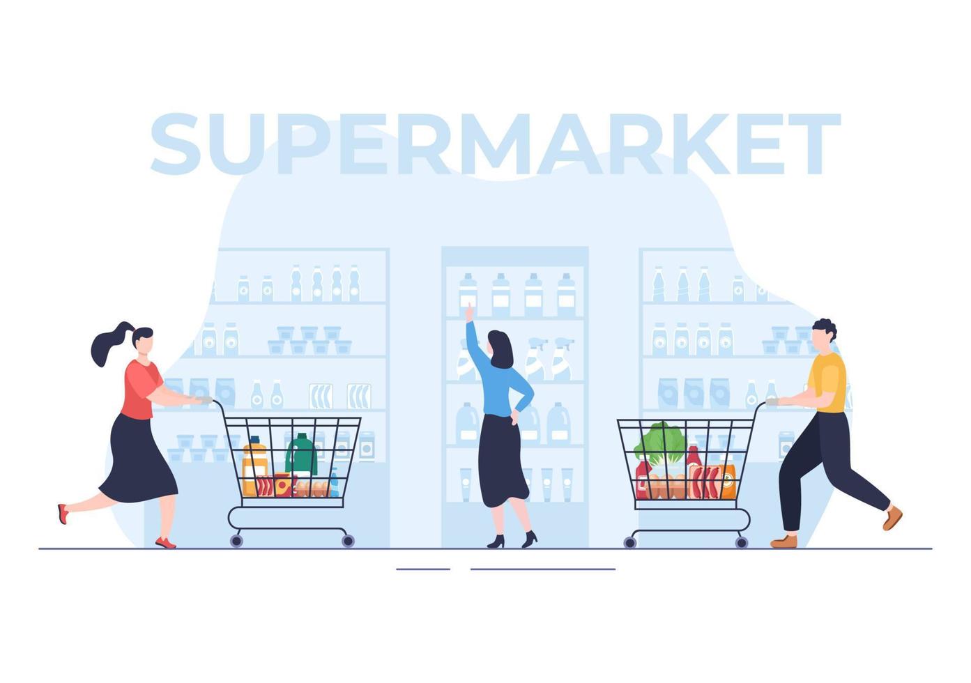 supermercado con estantes, artículos de abarrotes y carrito de compras completo, venta al por menor, productos y consumidores en ilustraciones planas de fondo de dibujos animados vector