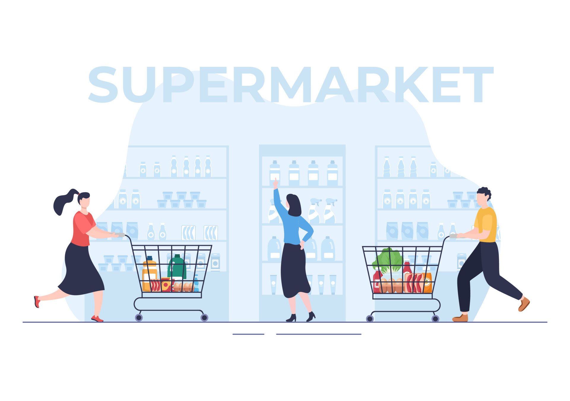 Supermarket with Shelves, Grocery Items and Full Shopping Cart, Retail,  Products and Consumers in Flat Cartoon Background Illustration 6940604  Vector Art at Vecteezy