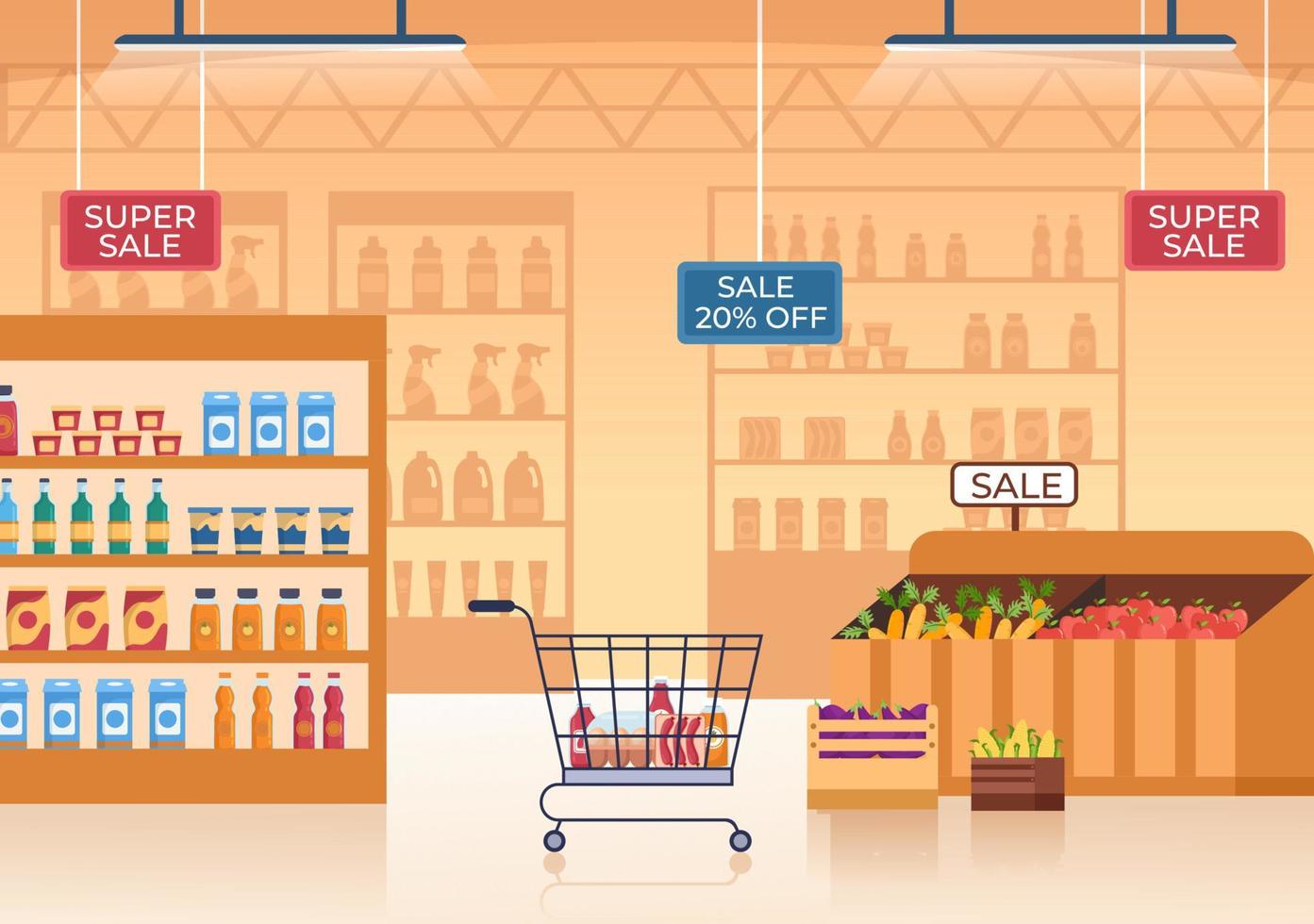 Supermarket with Shelves, Grocery Items and Full Shopping Cart, Retail, Products and Consumers in Flat Cartoon Background Illustration vector