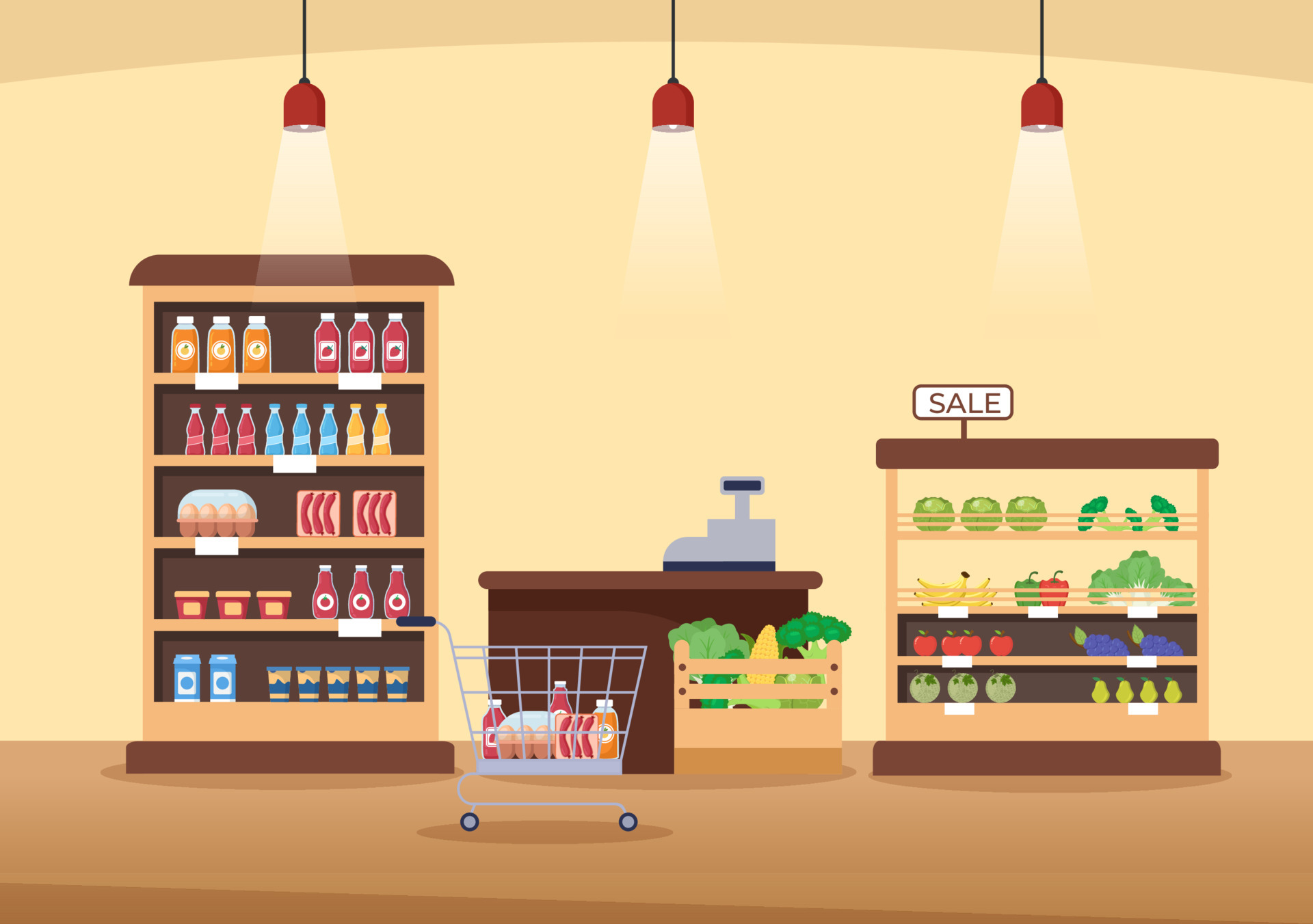 Supermarket with Shelves, Grocery Items and Full Shopping Cart, Retail,  Products and Consumers in Flat Cartoon Background Illustration 6940613  Vector Art at Vecteezy