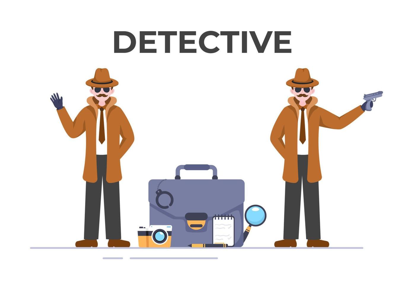 investigador privado o detective que recopila información para resolver crímenes con equipos como lupa, esposas y otros en la ilustración de fondo de dibujos animados vector