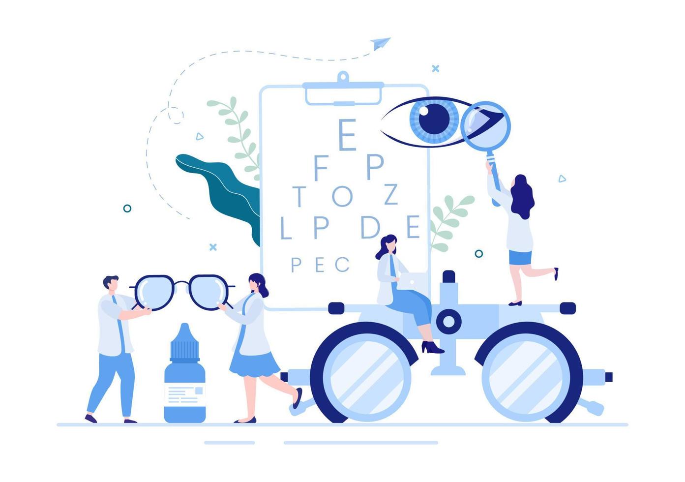 Ophthalmology of Checks Patient Sight, Optical Eyes Test, Spectacles Technology and Choosing Eyeglasses with Correction Lens in Flat Cartoon Illustration vector