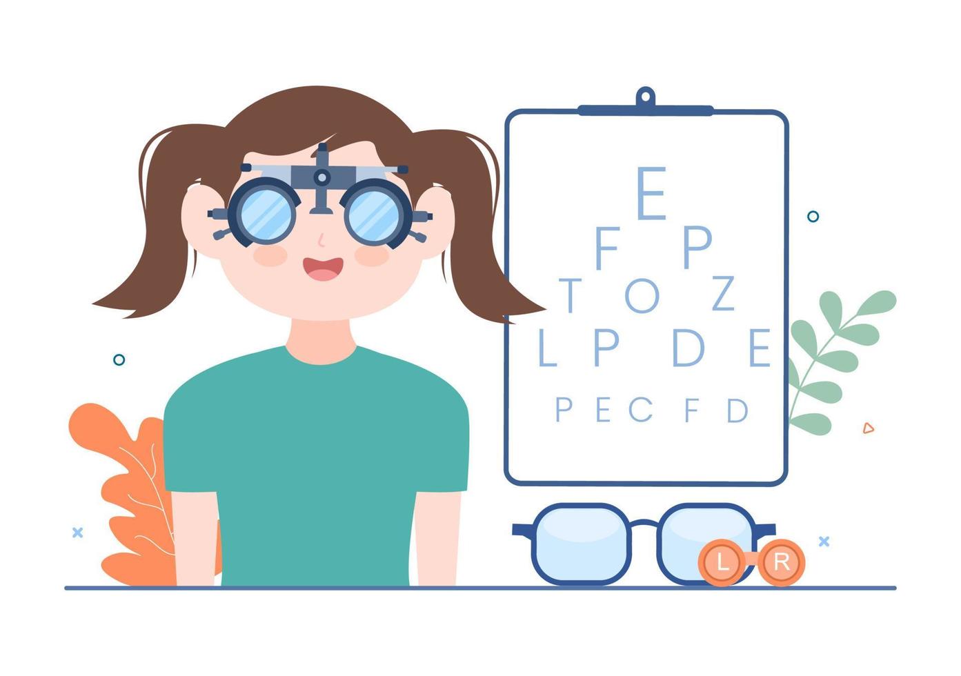 oftalmología de los controles de la vista del paciente, prueba de ojos ópticos, tecnología de anteojos y elección de anteojos con lentes de corrección en ilustración de caricatura plana vector