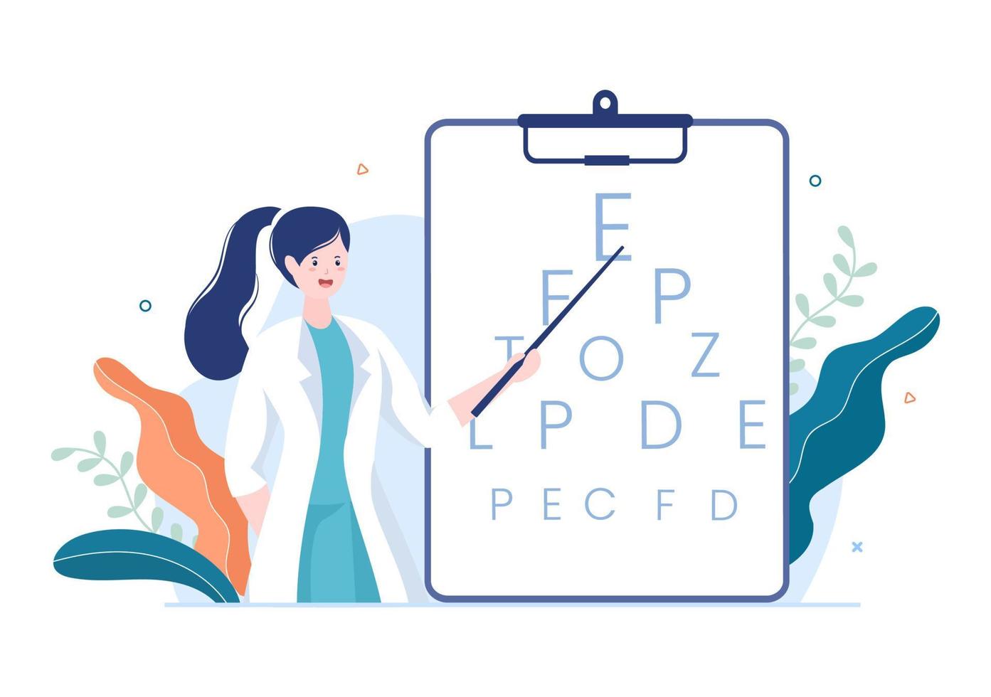 oftalmología de los controles de la vista del paciente, prueba de ojos ópticos, tecnología de anteojos y elección de anteojos con lentes de corrección en ilustración de caricatura plana vector