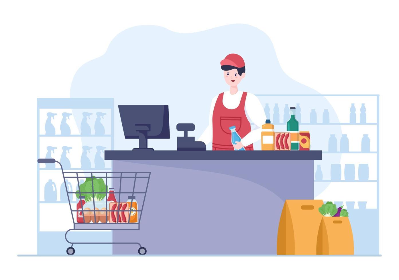 Supermarket with Shelves, Grocery Items and Full Shopping Cart, Retail, Products and Consumers in Flat Cartoon Background Illustration vector