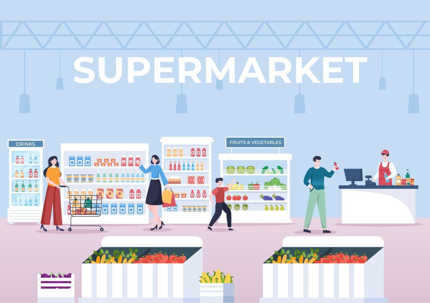 supermercado con estantes, artículos de abarrotes y carrito de compras completo, venta al por menor, productos y consumidores en ilustración de fondo de caricatura plana vector