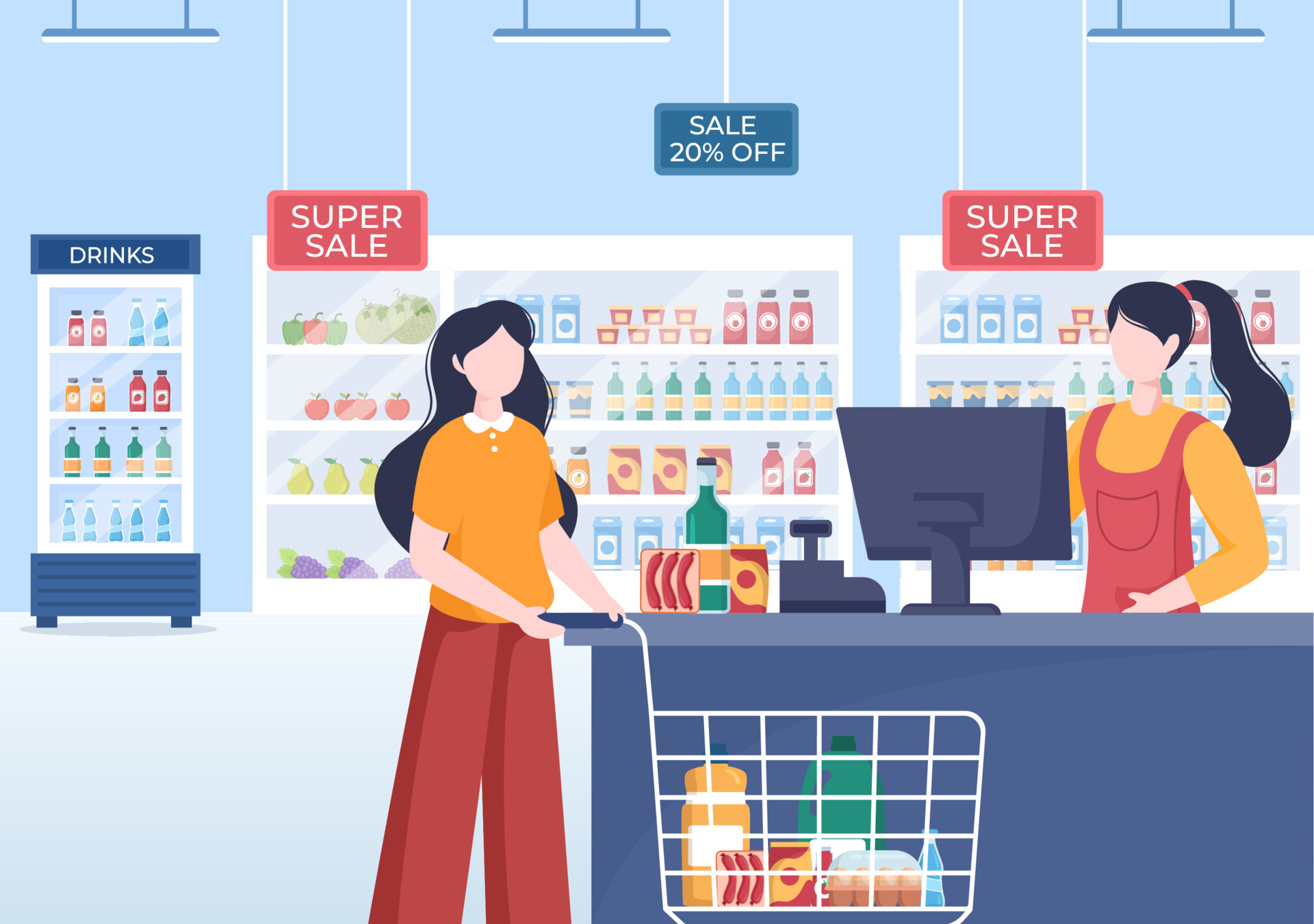 Supermarket with Shelves, Grocery Items and Full Shopping Cart, Retail,  Products and Consumers in Flat Cartoon Background Illustration 6940649  Vector Art at Vecteezy