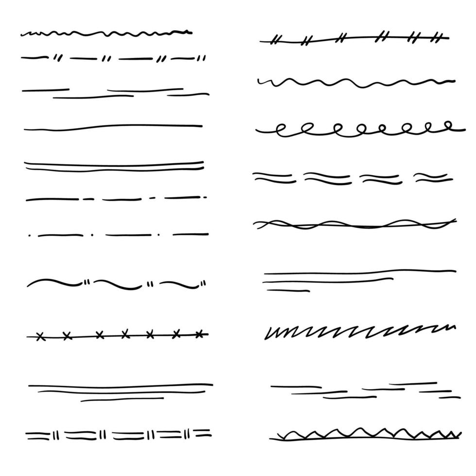 boceto subraya. líneas de pincel de pluma cruzada, trazos de textura de lápiz. Bordes de marcadores de garabatos. vector de subrayado de tiza hecho a mano con estilo de fideos