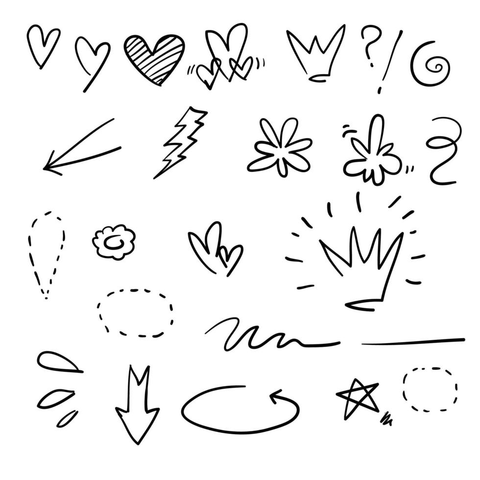 Swishes, swoops, emphasis doodles handdrawn style with Highlight text elements, calligraphy swirl, tail, flower, heart, graffiti crown.vector vector