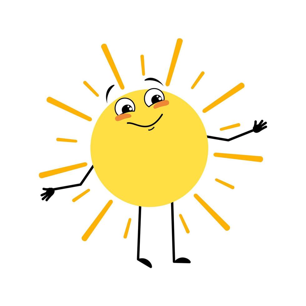 Cute sun character with happy emotion, joyful face, smile eyes, arms and legs. Person with funny expression and pose. Vector flat illustration