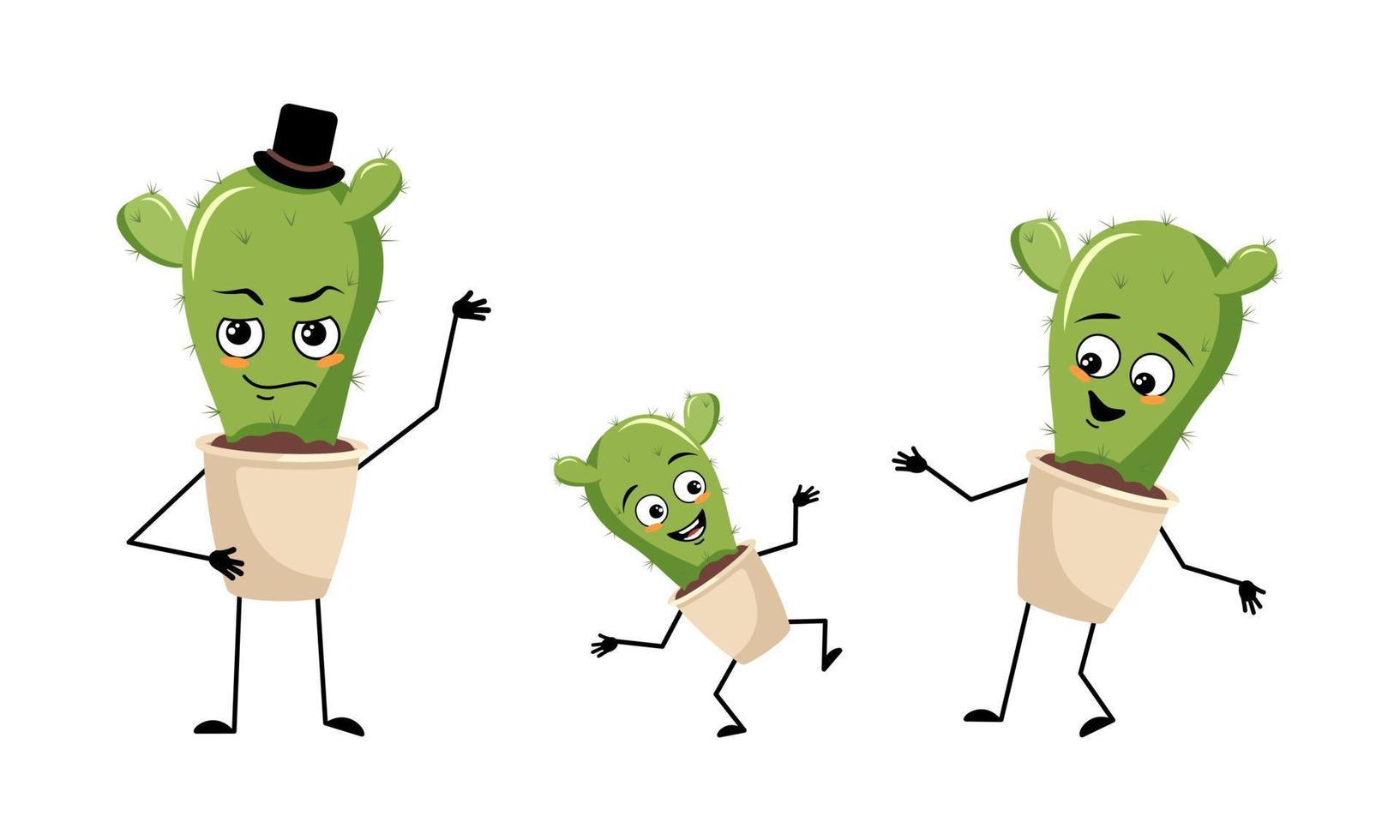 Family of cactus in pot character with happy emotions and poses, smile face, happy eyes, arms and legs. Mom is happy, dad is wearing hat and child is dancing. Vector flat illustration