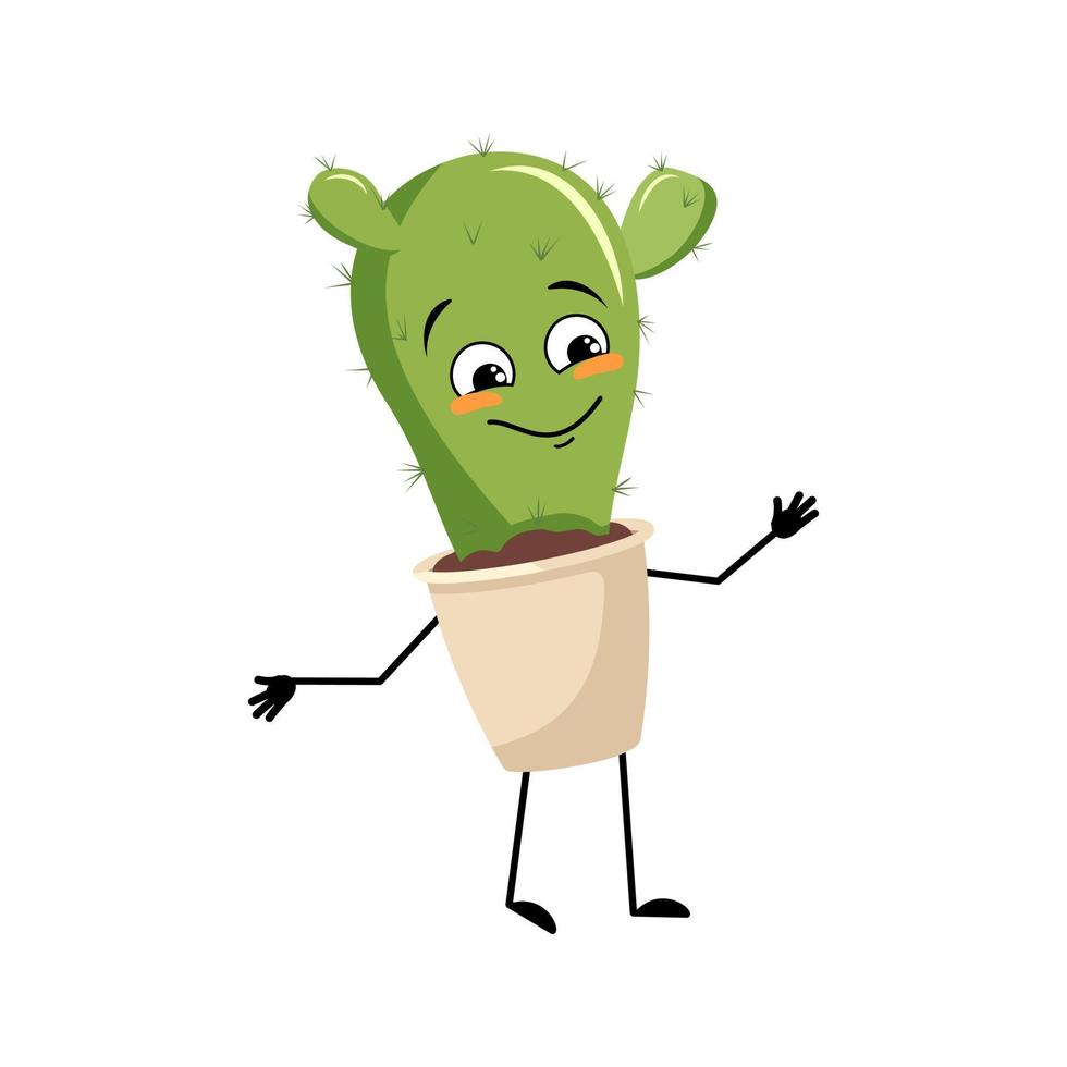 Cute cactus character in pot with happy emotion, joyful face, smile eyes, arms and legs. Houseplant with funny expression. Vector flat illustration