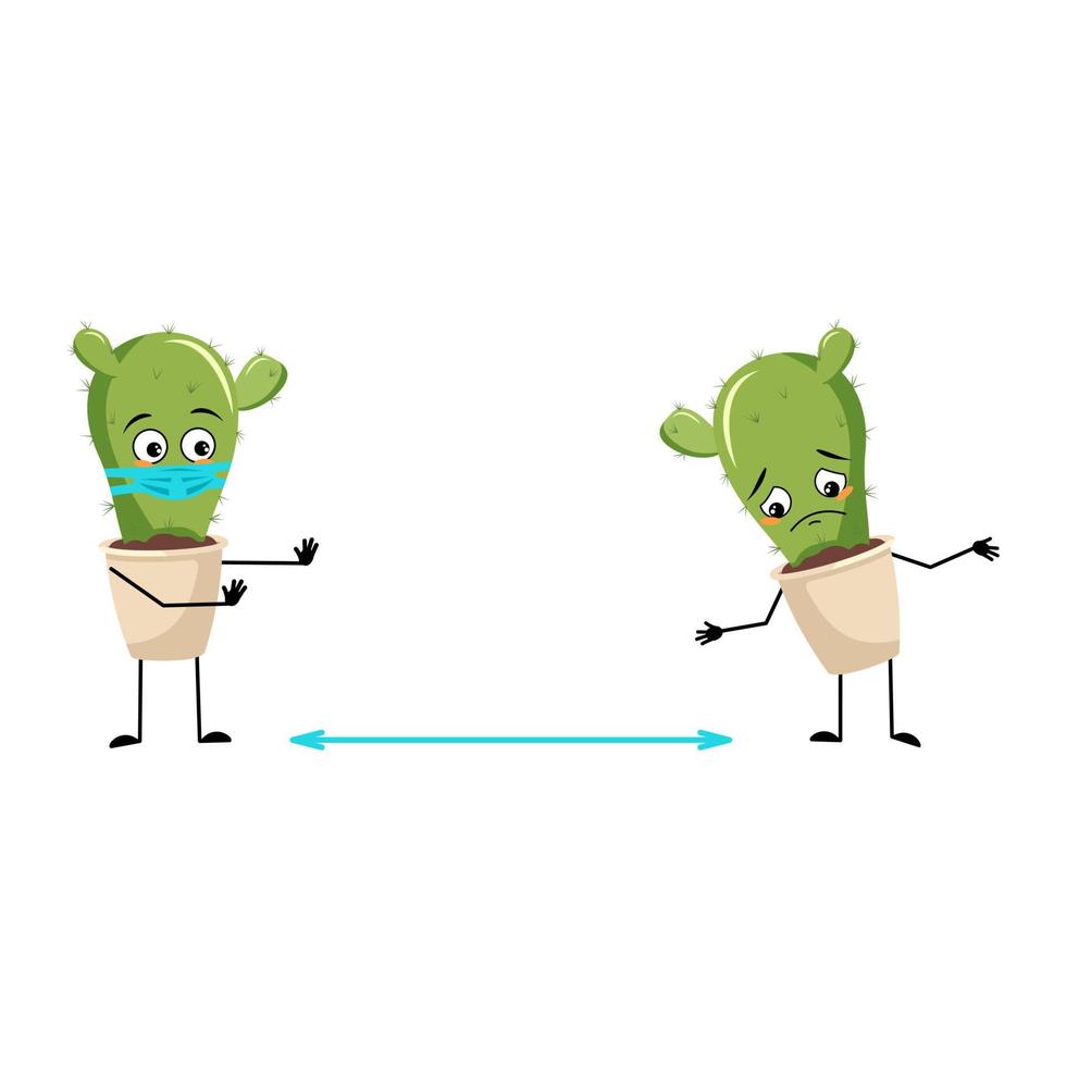 Cute cactus character with sad emotions, face and mask keep distance, arms and legs. Houseplant with care expression and pose. Vector flat illustration
