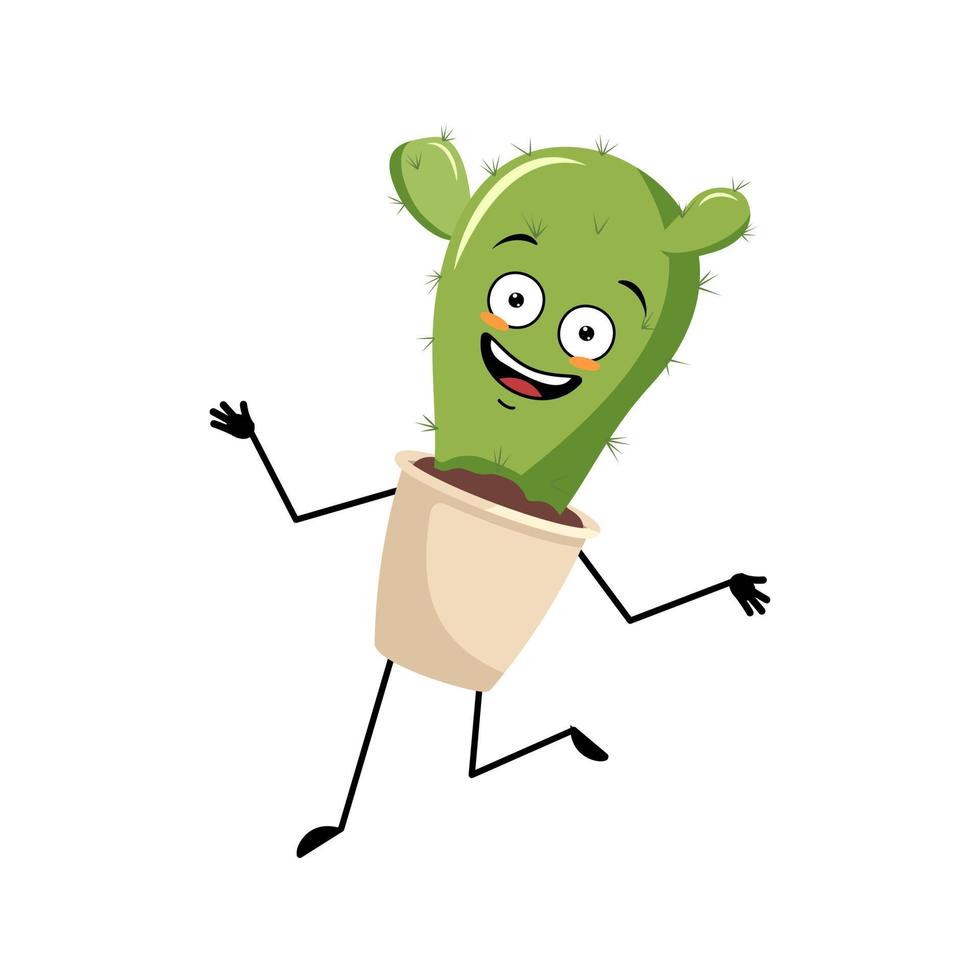 lindo personaje de cactus en maceta con loca emoción feliz, cara alegre, ojos sonrientes, brazos y piernas bailando. planta de interior con expresión divertida y pose. ilustración plana vectorial vector