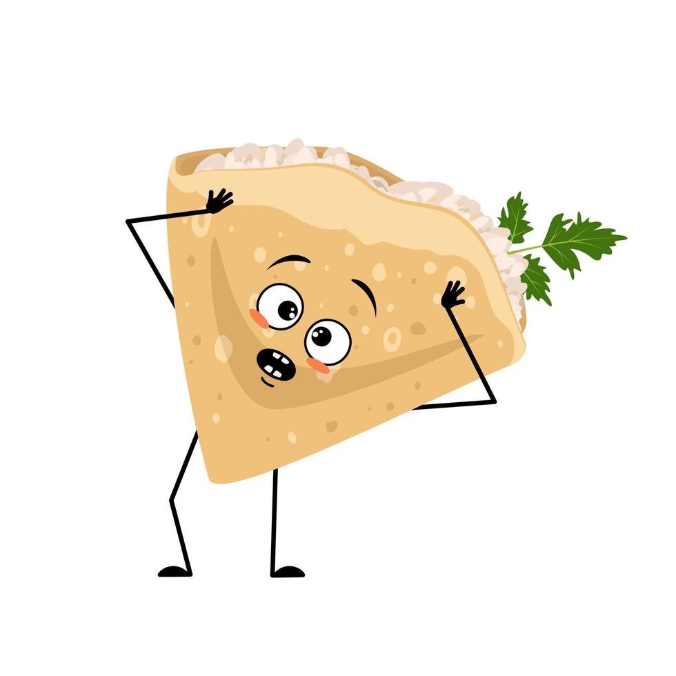 Pancake character with cottage cheese and parsley with emotions in panic grabs his head, surprised face, shocked eyes, arms and legs. Baking person, homemade pastry with scared expression vector