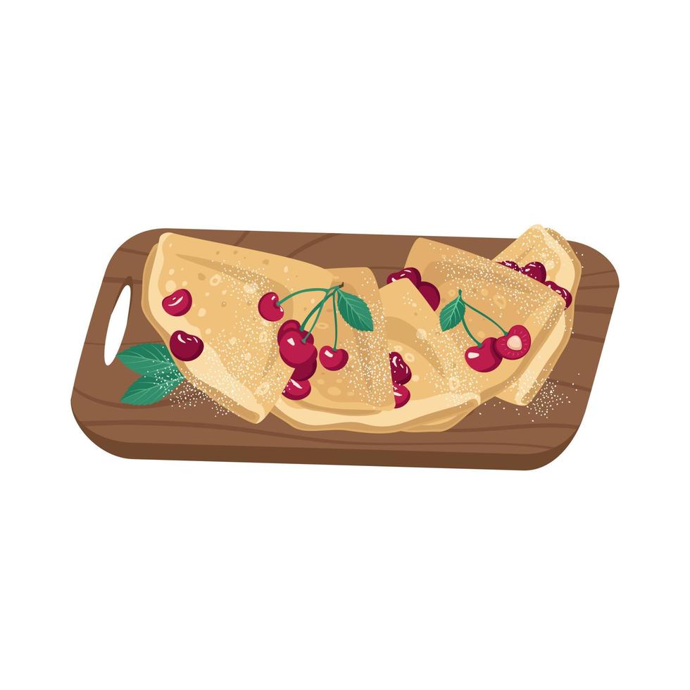 Thin pancakes on wooden board with sweet cherries. Festive dish for Maslenitsa, carnival and Shrovetide. Delicious pastries. Vector flat illustration