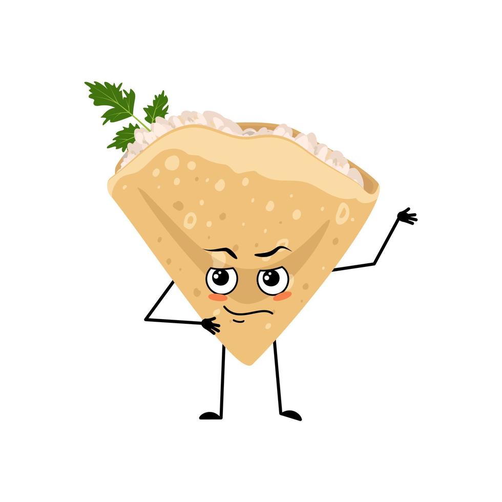 Pancake character with emotions of hero, brave face, arms and leg. Baking person, homemade pastry with courage expression. Vector flat illustration