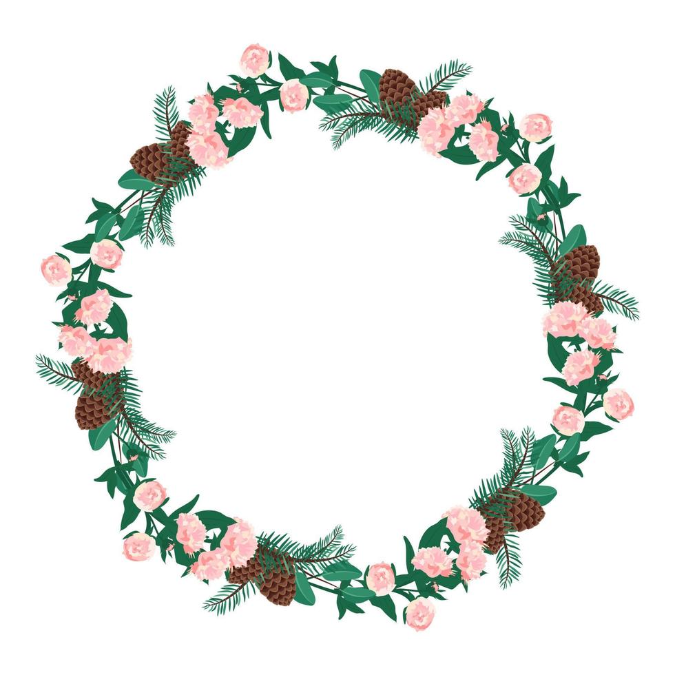 Round wreath of pink peony flowers with spruce needles and cones. Spring flowering composition or frame with leaves. Festive decoration for wedding, holiday and postcard. Vector illustration