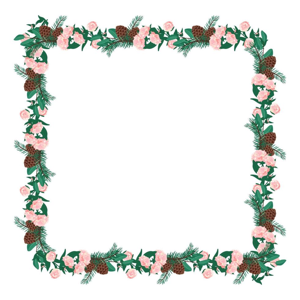 marco cuadrado de flores de peonía rosa con agujas de abeto y conos. composición de flores de primavera o corona con hojas. decoración festiva para bodas, vacaciones y postales. ilustración vectorial vector