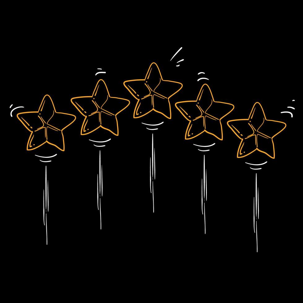cinco estrellas doradas. doodle linda ilustración sobre la calificación de calidad del producto.estilo dibujado a mano vector
