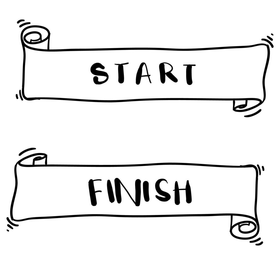 handdrawn start and finish line banners, streamers, flags for outdoor sport event - competition race, run with doodle cartoon style vector