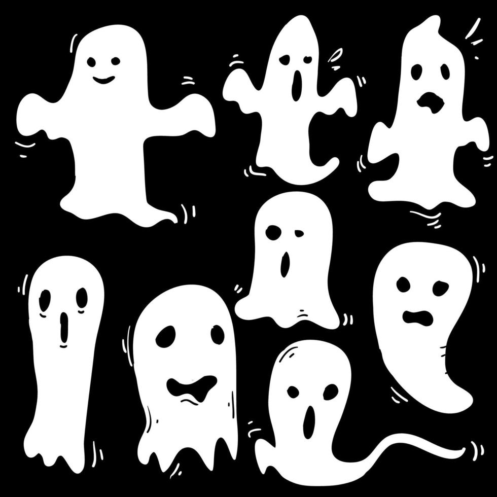 doodle Halloween ghosts with Boo scary face shape. Spooky ghost white fly fun cute evil horror silhouette for scary october holiday design or costume with cartoon style vector