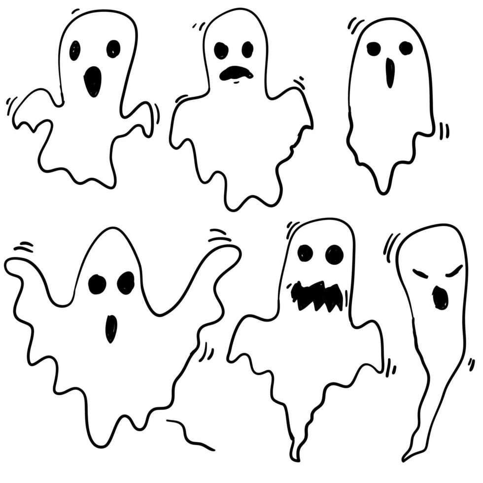 doodle Halloween ghosts with Boo scary face shape. Spooky ghost white fly fun cute evil horror silhouette for scary october holiday design or costume with cartoon style vector