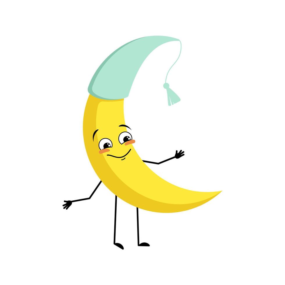 Cute moon character in nightcap with happy emotion, joyful face, smile eyes, arms and legs. Person with funny expression and pose. Vector flat illustration